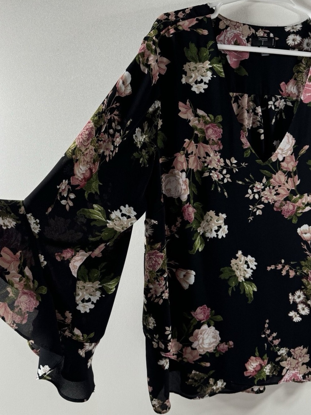 Tahari Black Floral V-Neck Flutter Sleeve Blouse - Picture 4 of 6
